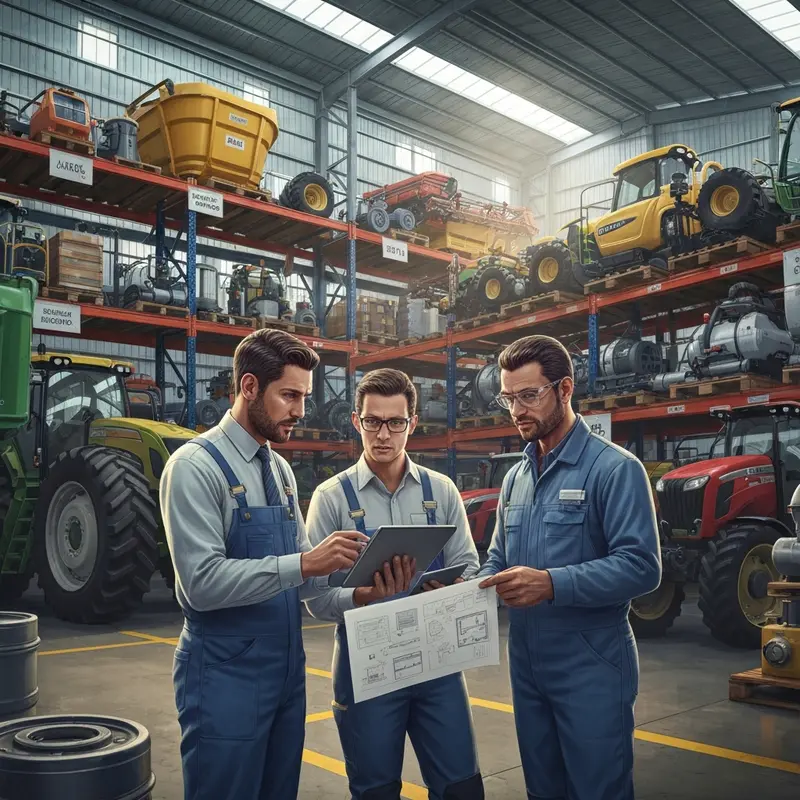 Engenheiros e técnicos analisando equipamentos em ambiente agroindustrial com peças e documentos técnicos.