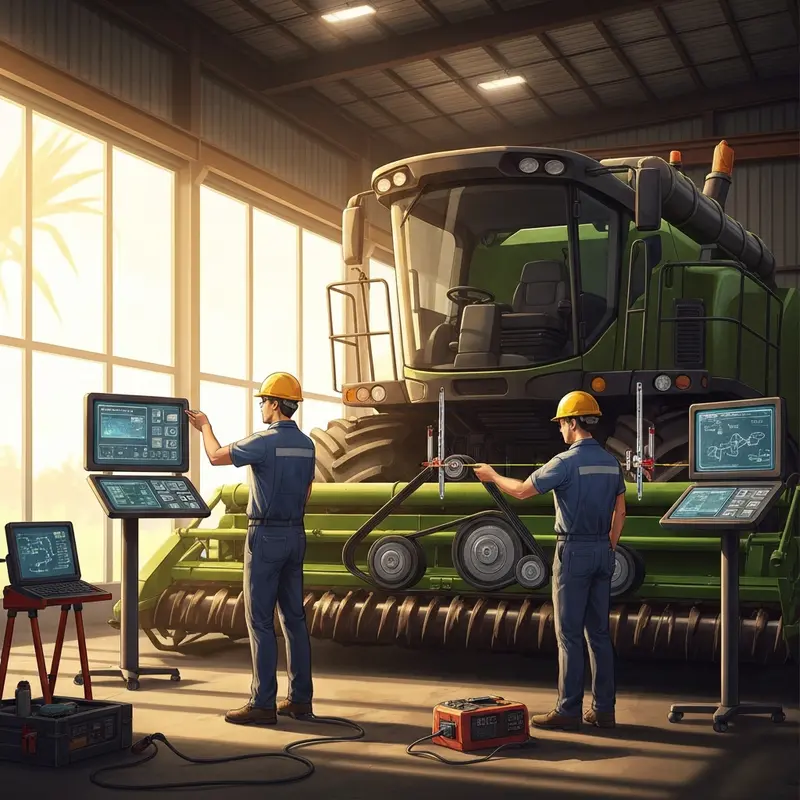 Imagem ilustrativa com profissionais realizando adaptação técnica em máquinas agrícolas para o mercado europeu.