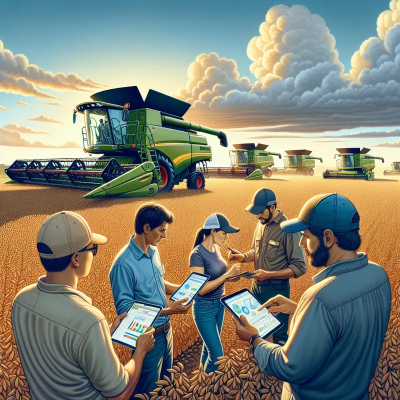 Profissionais agroindustriais revisando estudo técnico do CNA sobre máquinas agrícolas em sala de reunião.