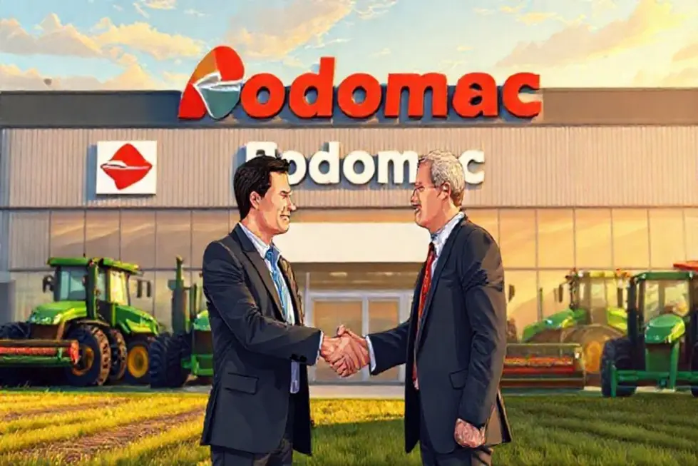 Ilustração mostrando técnicos e gestores discutindo integração logística entre Grupo Fuganti e Rodomac - Multibelt Correias Industriais e Agrícolas