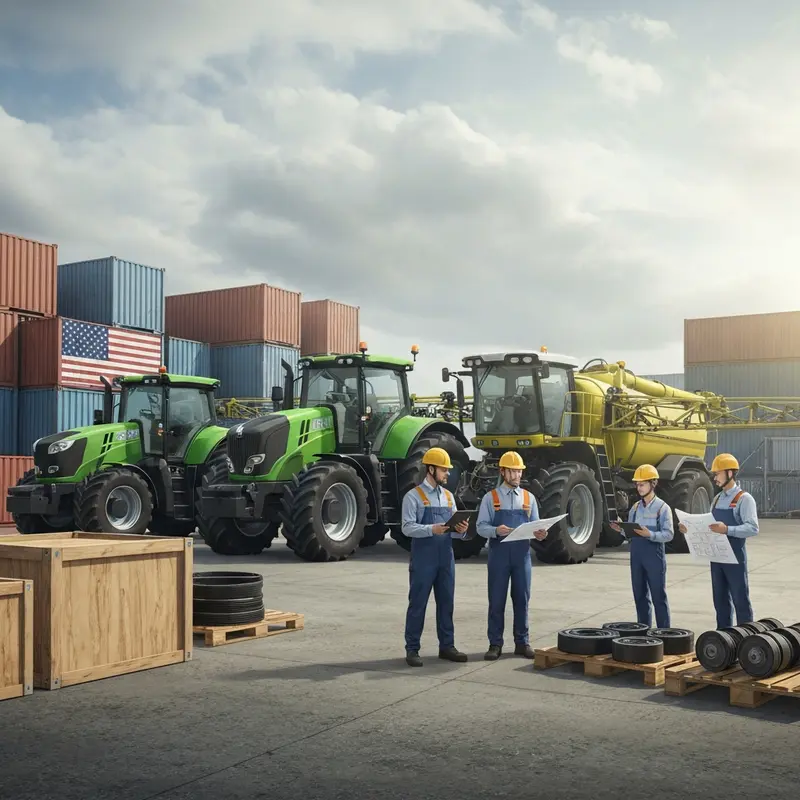 Equipamentos agrícolas com símbolos visuais mostrando exclusão da isenção tarifária dos EUA.