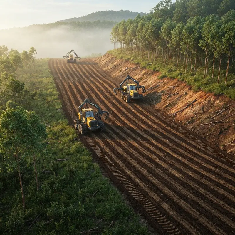 Equipamentos especializados realizando plantio de eucalipto em encosta íngreme na serra