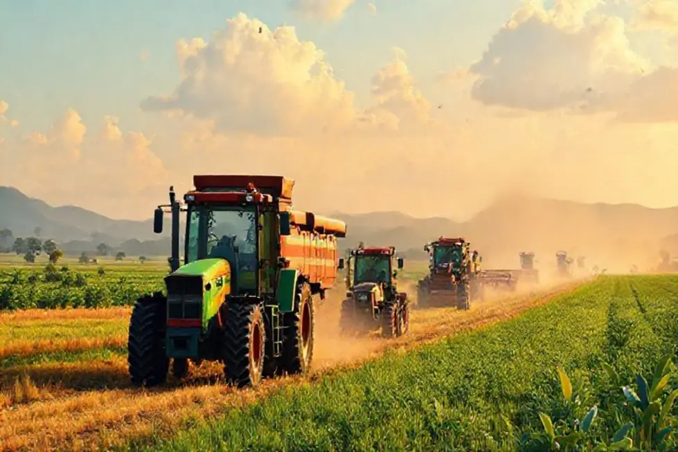 máquinas agrícolas chinesas modernas trabalhando em campos no Brasil