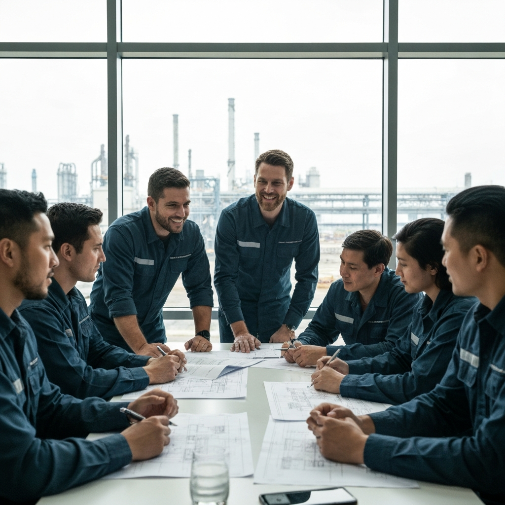 Equipe de gestão industrial analisando indicadores de desempenho de maquinário chinês em planta agroindustrial.