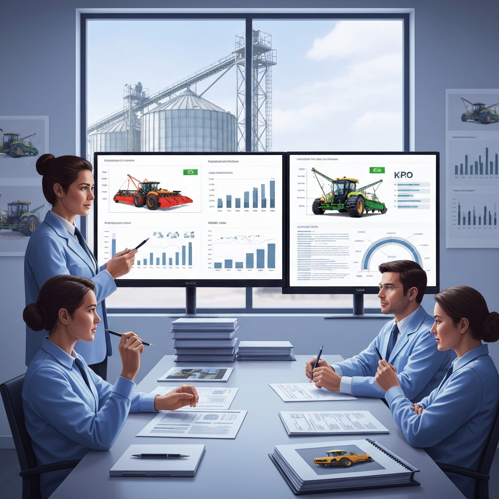 Equipe de engenharia e suprimentos avaliando KPIs de equipamentos agrícolas chineses em sala de reunião com vista para silos.