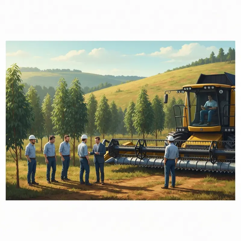 Equipe técnica avaliando máquinas agrícolas para plantio de eucalipto em área de serra com plantações ao fundo.