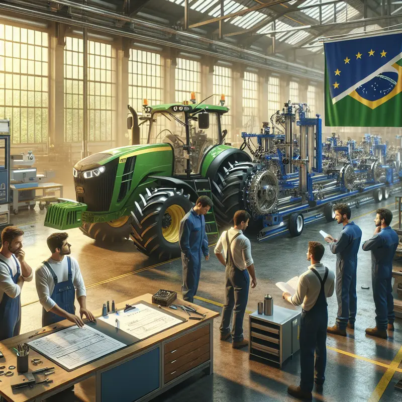 Engenheiros trabalhando em máquinas agrícolas no processo de adaptação para Europa.