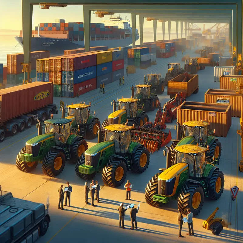 Máquinas agrícolas sendo embarcadas em porto industrial, simbolizando exportação ao mercado dos EUA.