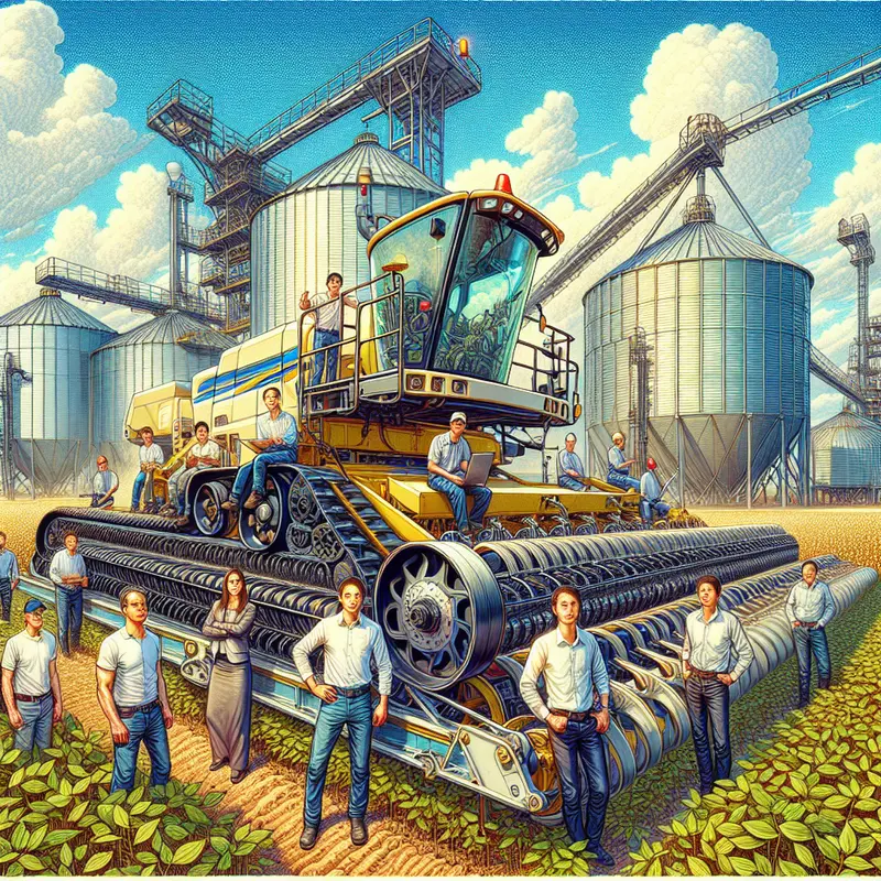 Máquina agrícola chinesa com técnicos brasileiros em área rural, representando entrada no agro nacional.