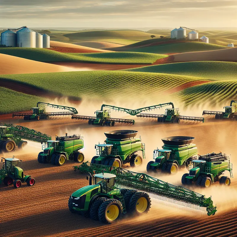Máquinas agrícolas em campo amplo com técnicos analisando equipamentos
