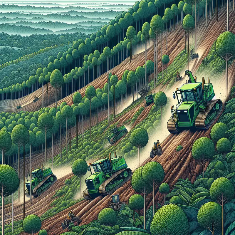 Equipamentos especializados da Na Reflorestar realizando plantio mecanizado em terreno inclinado