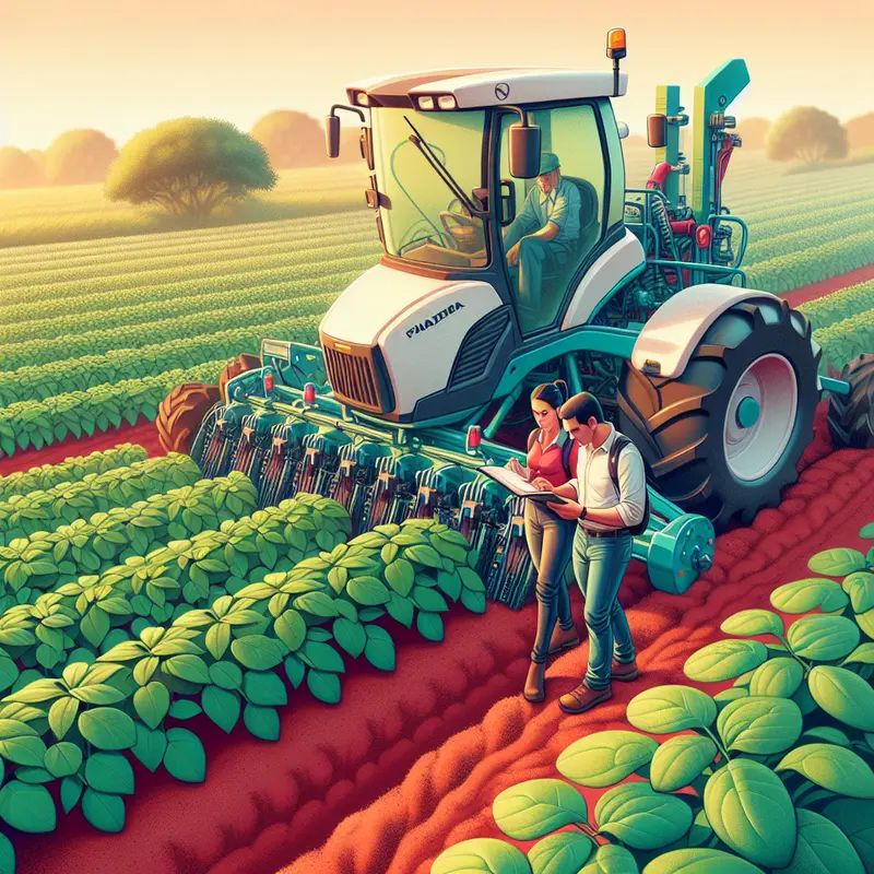 Profissionais técnicos e engenheiros inspecionam máquinas agrícolas adaptadas para agricultura familiar em oficina rural.