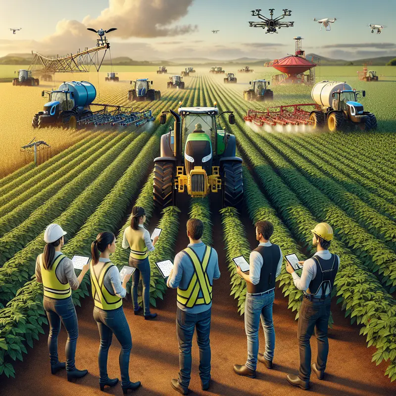 Profissionais do agro em campo avaliando máquinas e implementos em cenário rural.