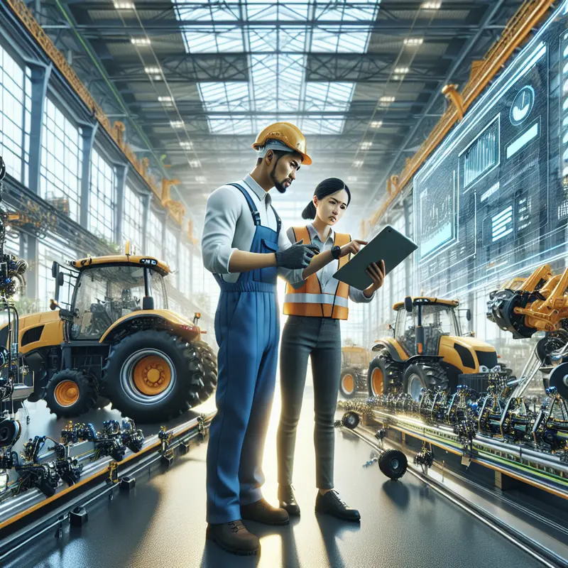 Engenheiros e técnicos inspecionando máquinas agrícolas modernas em ambiente industrial.
