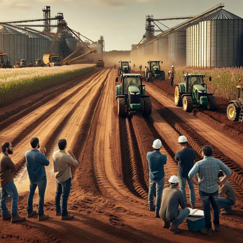 Profissionais da agroindústria em campo avaliando máquinas e infraestrutura de estradas no agronegócio paulista.
