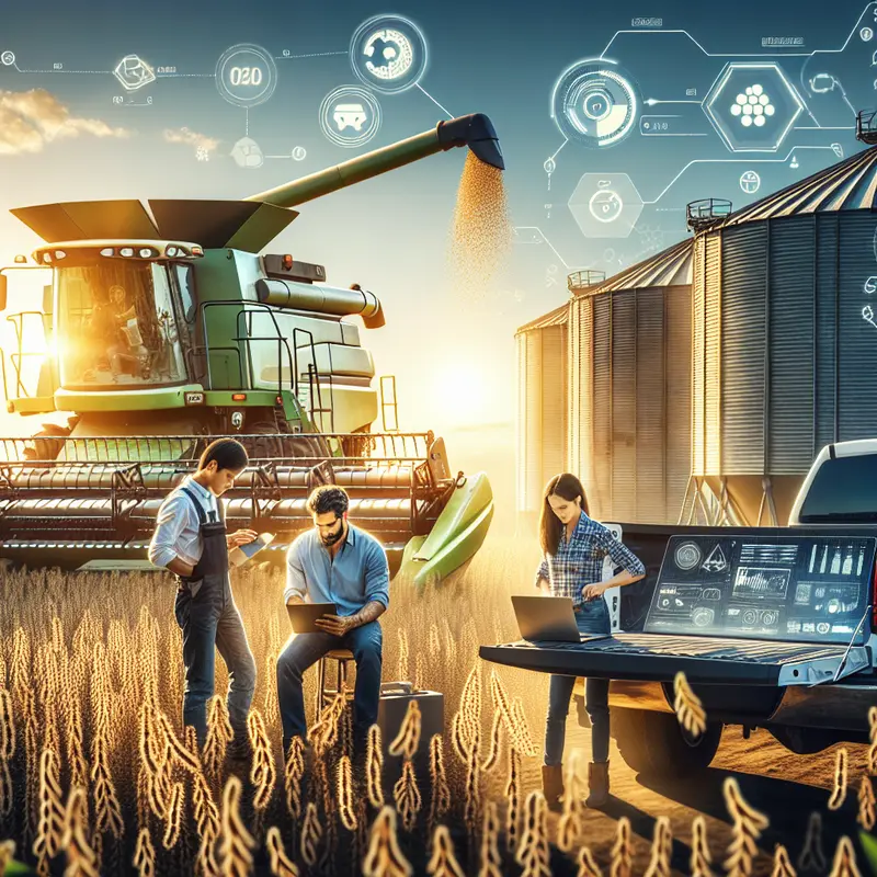 Imagem mostrando engenheiros e gestores agrícolas revisando documentos técnicos e máquinas no campo.