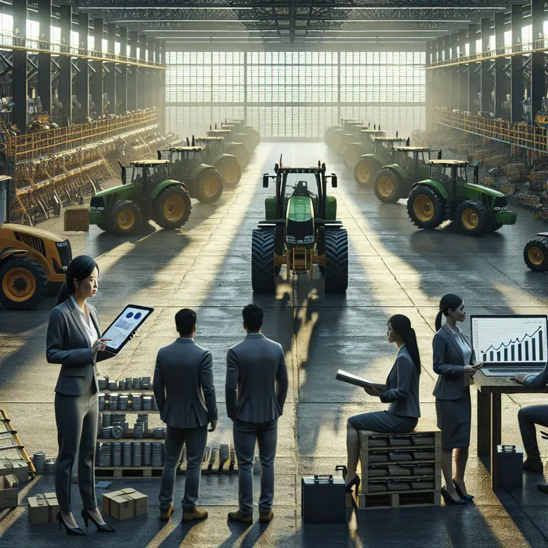 Imagem mostrando máquinas agrícolas Case IH e New Holland com técnicos inspecionando em ambiente industrial, representando a retração nas vendas.