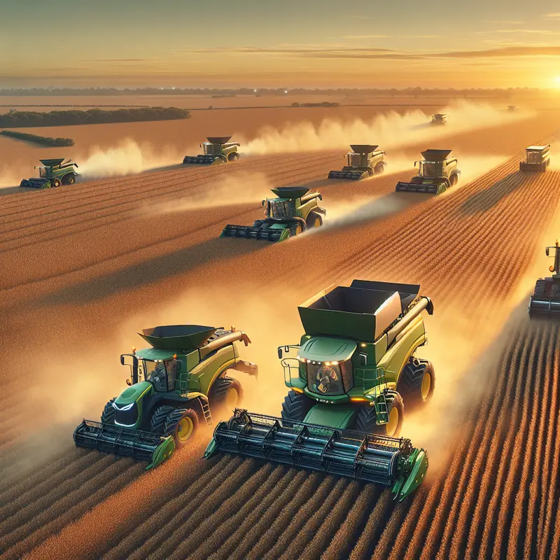 Equipamentos agrícolas trabalhando em grande área de plantio durante a safra.