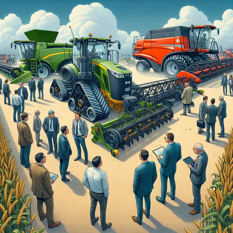 Engenheiros e técnicos em ambiente industrial analisando equipamentos agrícolas modernos.