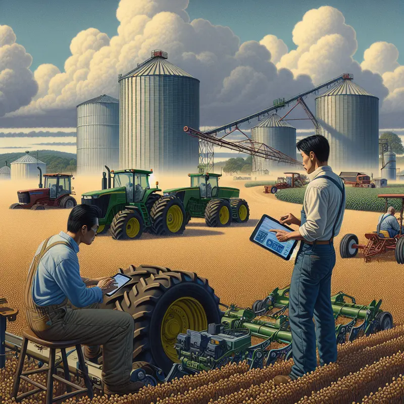 Equipe técnica avaliando máquinas agrícolas em fazenda, ilustração que representa o investimento e cenário atual.