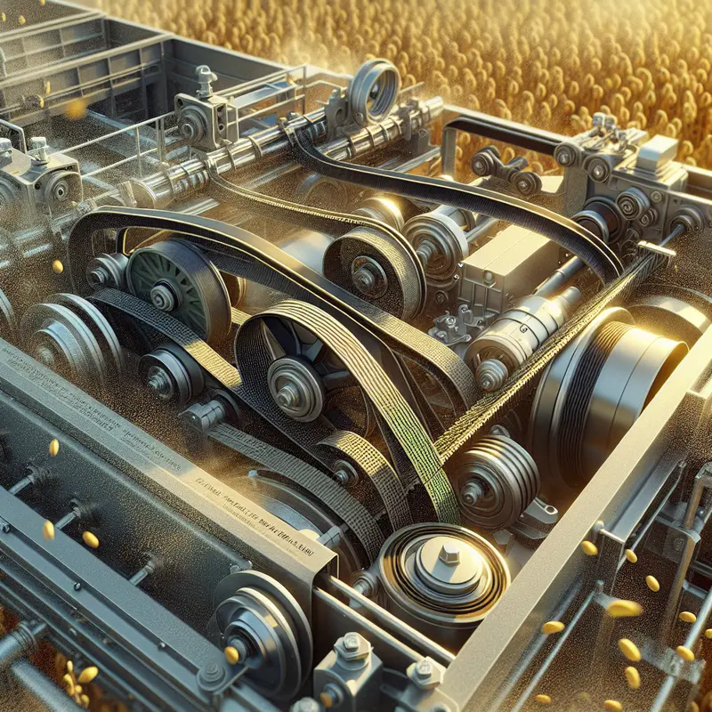 Imagem de correias agrícolas em oficina agroindustrial com equipamentos e ferramentas.
