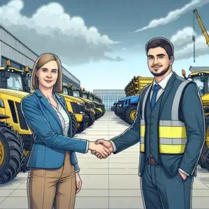 Técnicos inspecionando correias industriais em máquinas agrícolas em ambiente agroindustrial moderno.