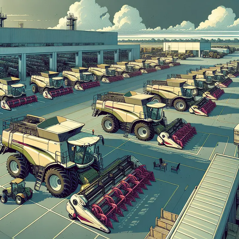 Ilustração que mostra máquinas agrícolas paradas e técnicos analisando o impacto da queda nas vendas.