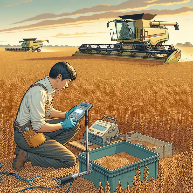 Imagem ilustrativa de técnico medindo perdas de soja durante colheita em campo com máquinas agrícolas.