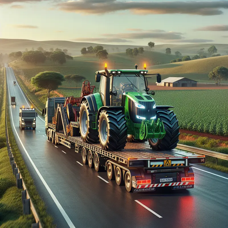 Máquina agrícola em trânsito seguro em rodovia brasileira com sinalização de segurança