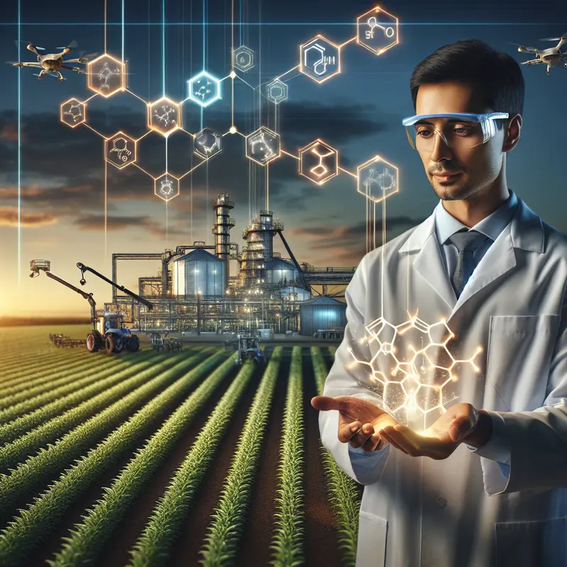 Profissionais da agroindústria analisando modelos moleculares em laboratório com máquinas agrícolas ao fundo, ilustrando o futuro do agro.
