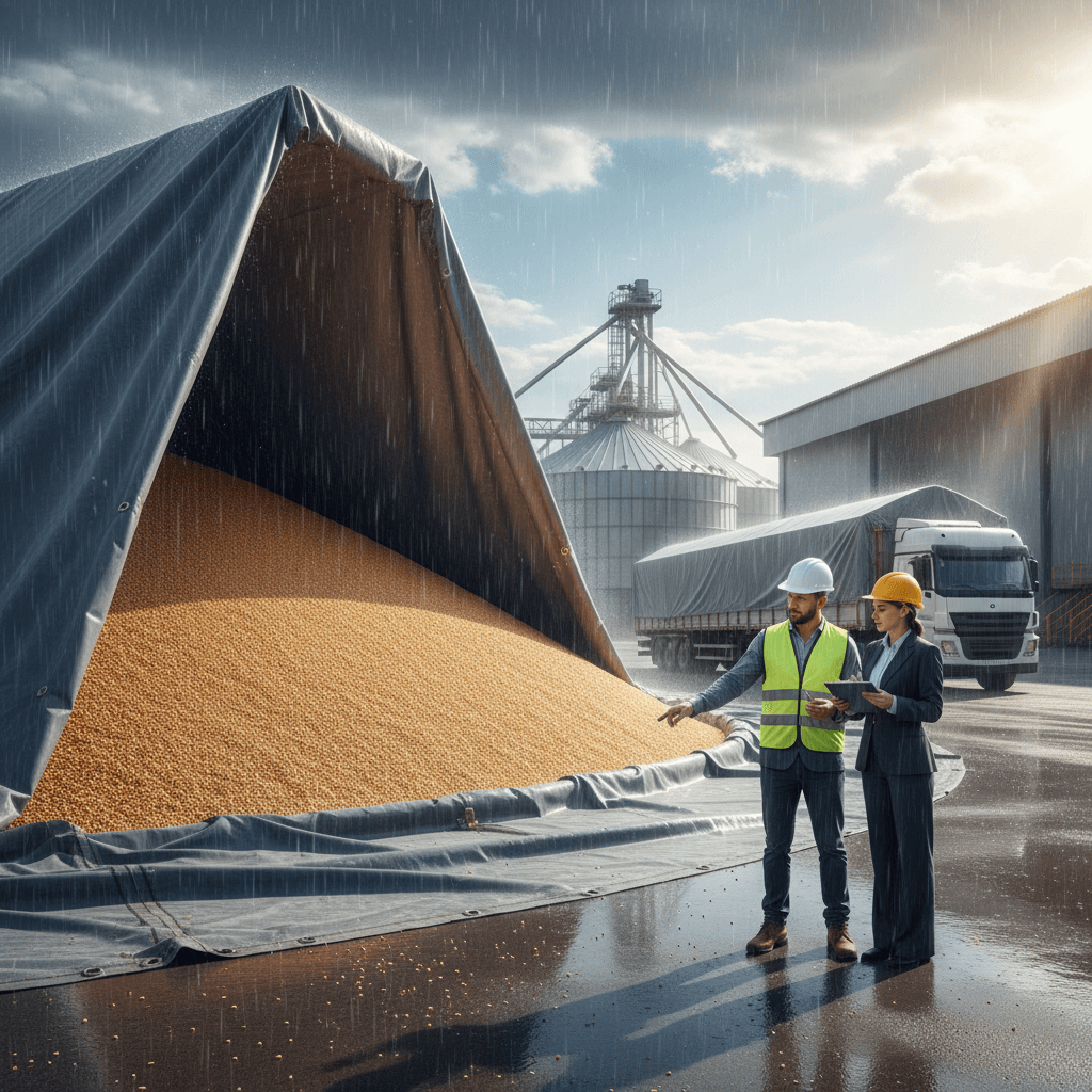 Lona Graneleira A Solução Eficiente para Transporte e Armazenagem de Grãos 3 Grain tarpaulin in use at a grain storage facility.