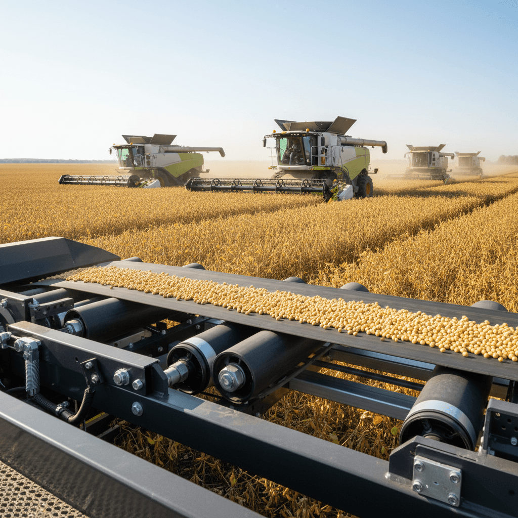 Illustration of a successful soybean harvest in a lush green field