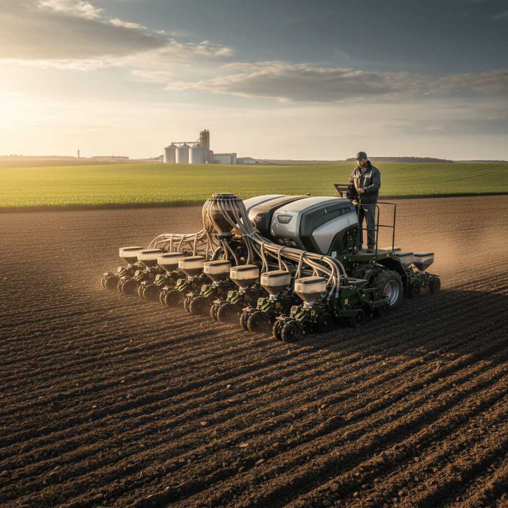 Como as Plantadoras Pneumáticas Elevam a Precisão da Semeadura 4 Agricultor utilizando uma plantadora pneumática em campo