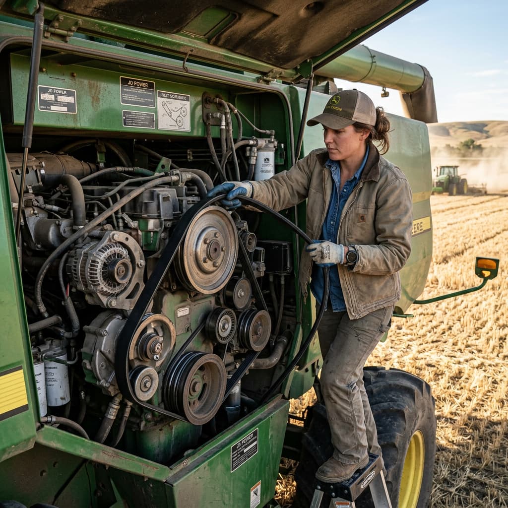 Quanto tempo leva para trocar uma correia no campo? 3 troca de correia agrícola,tempo de máquina parada,manutenção no campo,correia de colheitadeira,kit de emergência agrícola troca de correia agrícola